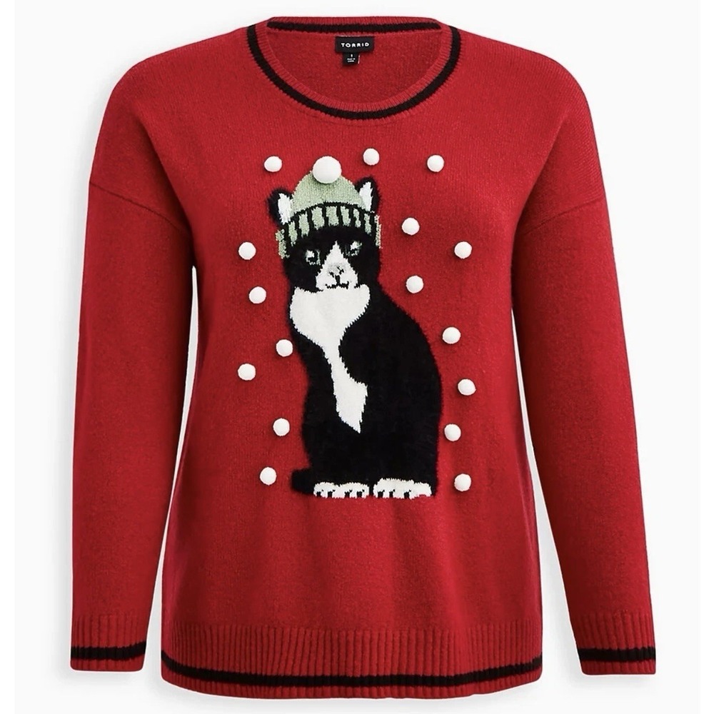 Torrid Red Holiday Cat Soft Vegan Cashmere Crew Neck Pullover‎ Sweater Size 2X